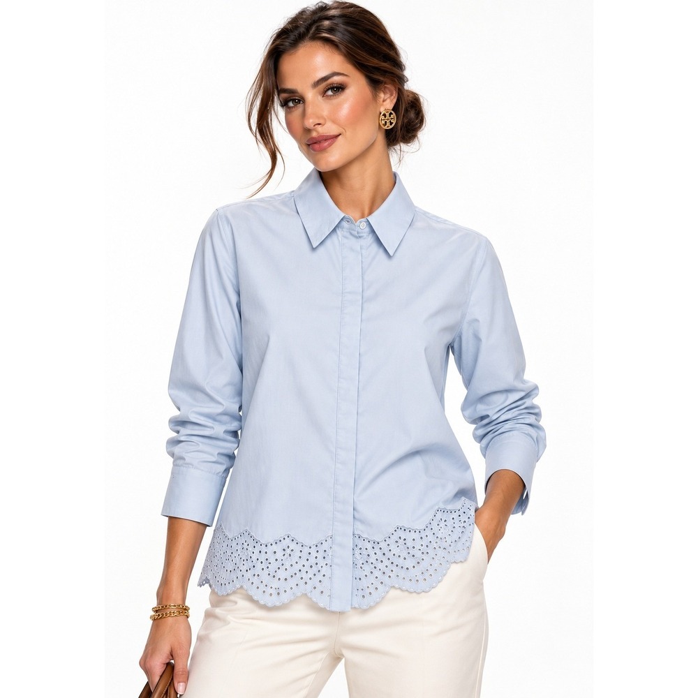 Design History Iris Button Down Shirt Light Blue Eyelet Scallop Hem Size L NWT